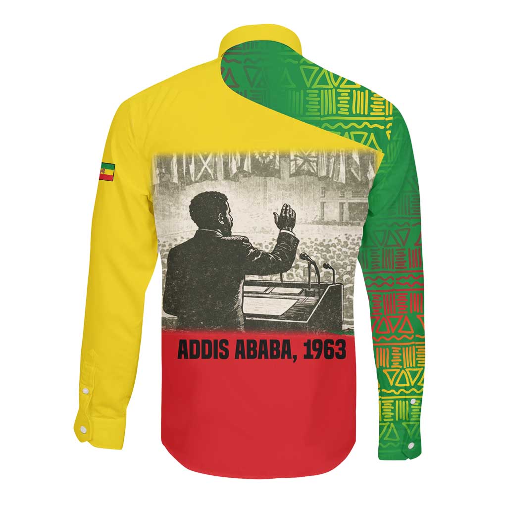 Ethiopia Haile Selassie I Long Sleeve Button Shirt with Addis Ababa 1963 Speech Quote Pan-African Flag Colors and Kente Pattern