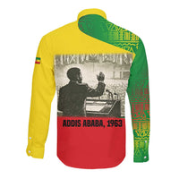 Ethiopia Haile Selassie I Long Sleeve Button Shirt with Addis Ababa 1963 Speech Quote Pan-African Flag Colors and Kente Pattern