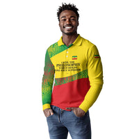 Ethiopia Haile Selassie I Long Sleeve Polo Shirt with Addis Ababa 1963 Speech Quote Pan-African Flag Colors and Kente Pattern