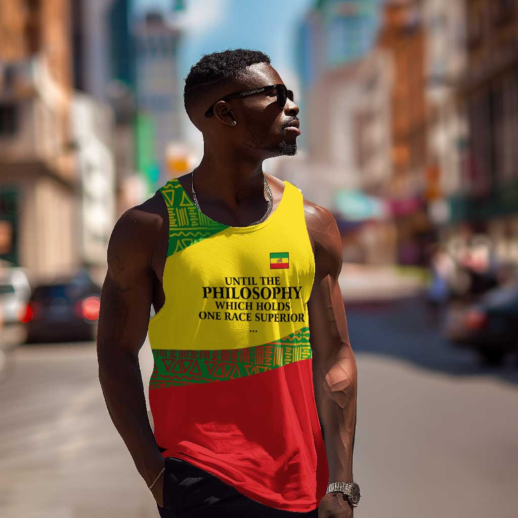 Ethiopia Haile Selassie I Men Tank Top with Addis Ababa 1963 Speech Quote Pan-African Flag Colors and Kente Pattern