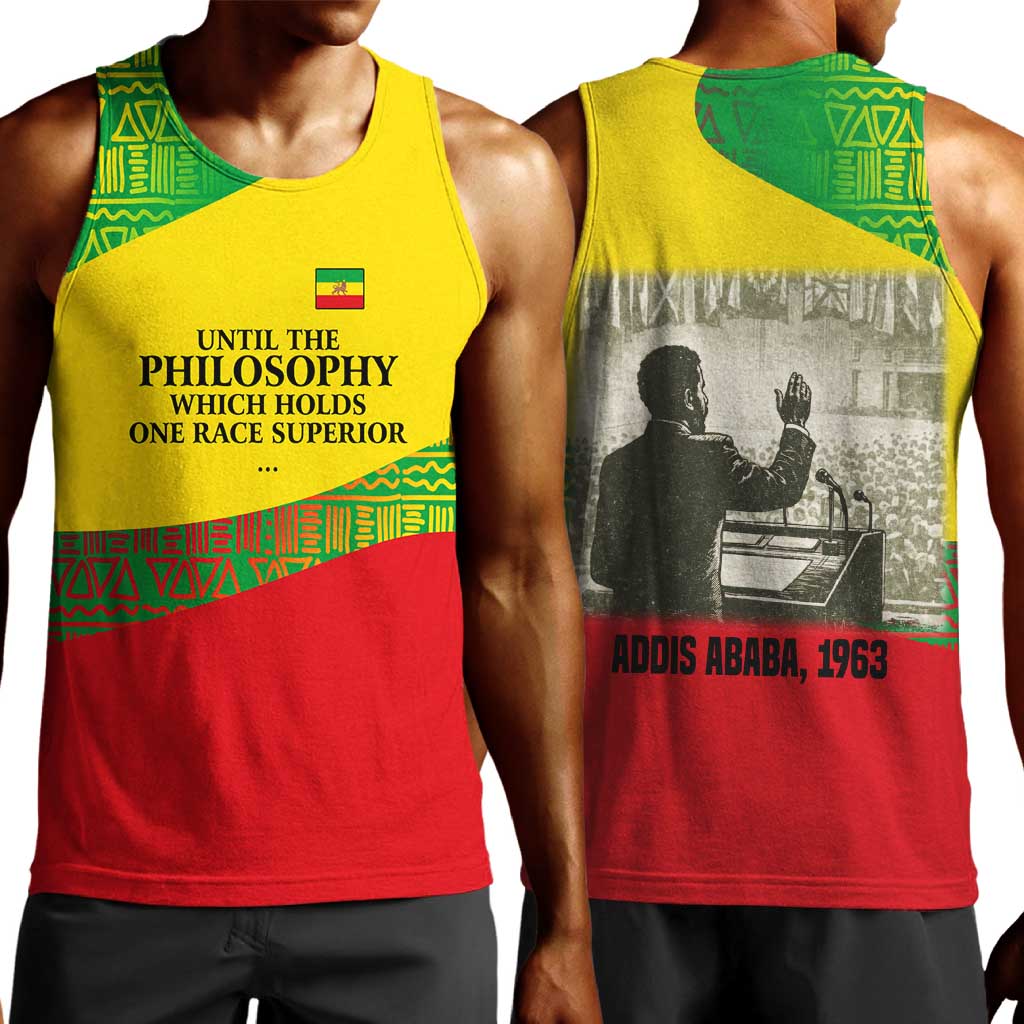Ethiopia Haile Selassie I Men Tank Top with Addis Ababa 1963 Speech Quote Pan-African Flag Colors and Kente Pattern