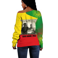 Ethiopia Haile Selassie I Off Shoulder Sweater with Addis Ababa 1963 Speech Quote Pan-African Flag Colors and Kente Pattern