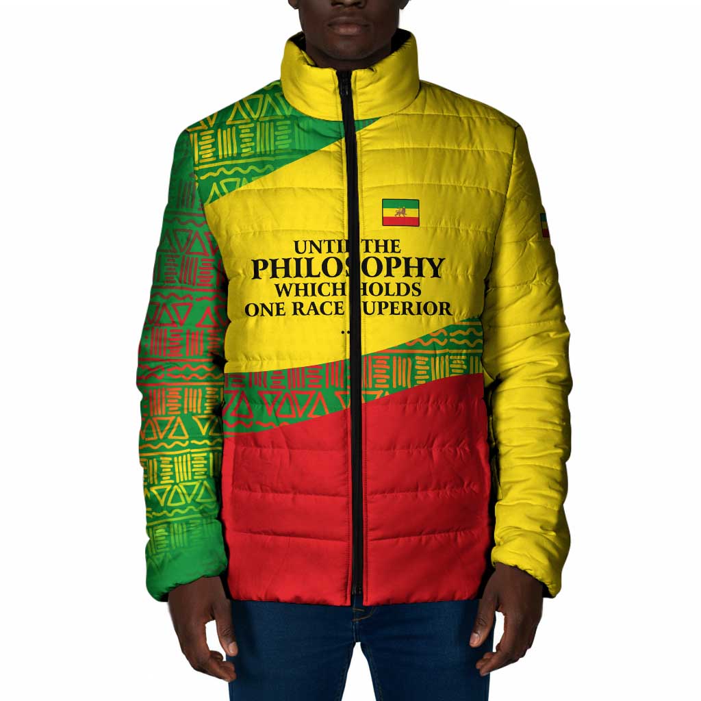 Ethiopia Haile Selassie I Padded Jacket with Addis Ababa 1963 Speech Quote Pan-African Flag Colors and Kente Pattern - Wonder Print Shop
