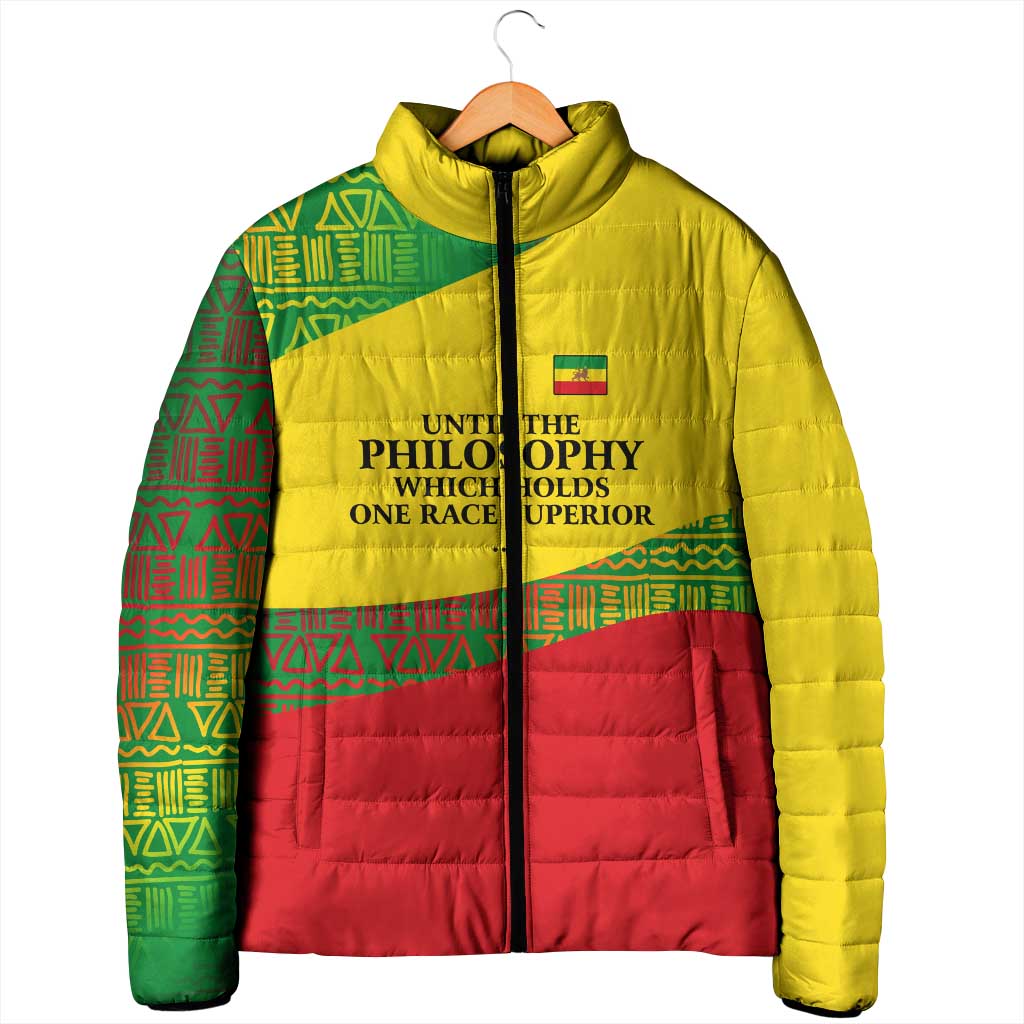 Ethiopia Haile Selassie I Padded Jacket with Addis Ababa 1963 Speech Quote Pan-African Flag Colors and Kente Pattern - Wonder Print Shop