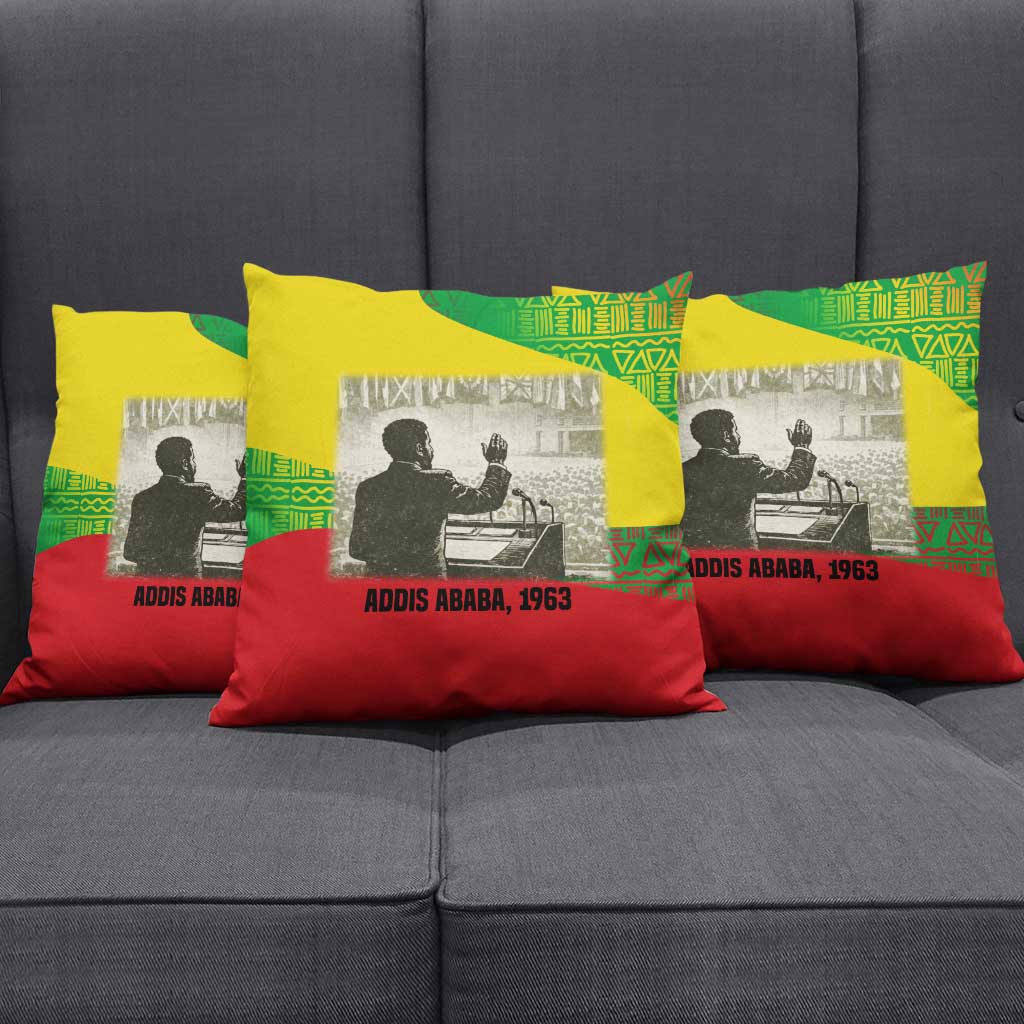 Ethiopia Haile Selassie I Pillow Cover with Addis Ababa 1963 Speech Quote Pan-African Flag Colors and Kente Pattern - Wonder Print Shop