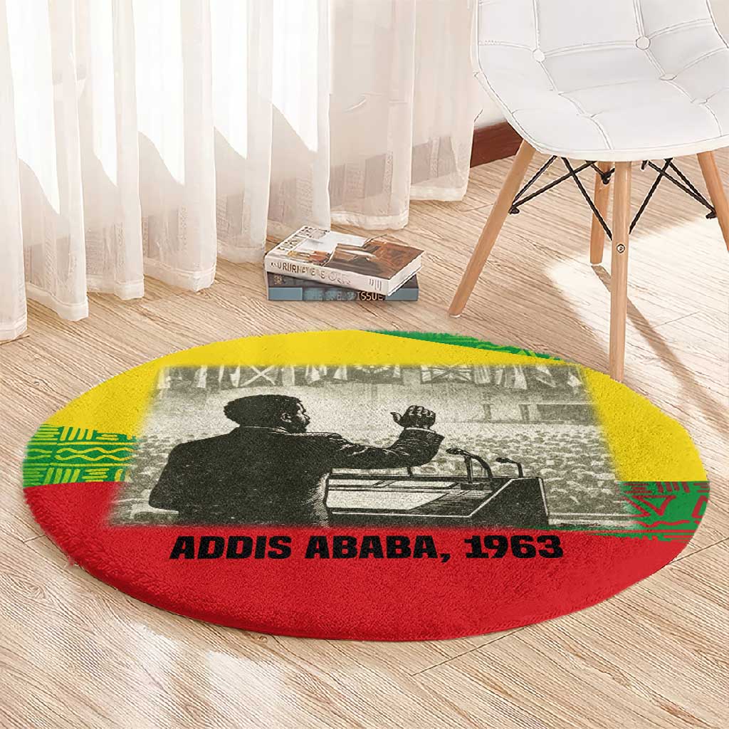 Ethiopia Haile Selassie I Round Carpet with Addis Ababa 1963 Speech Quote Pan-African Flag Colors and Kente Pattern - Wonder Print Shop