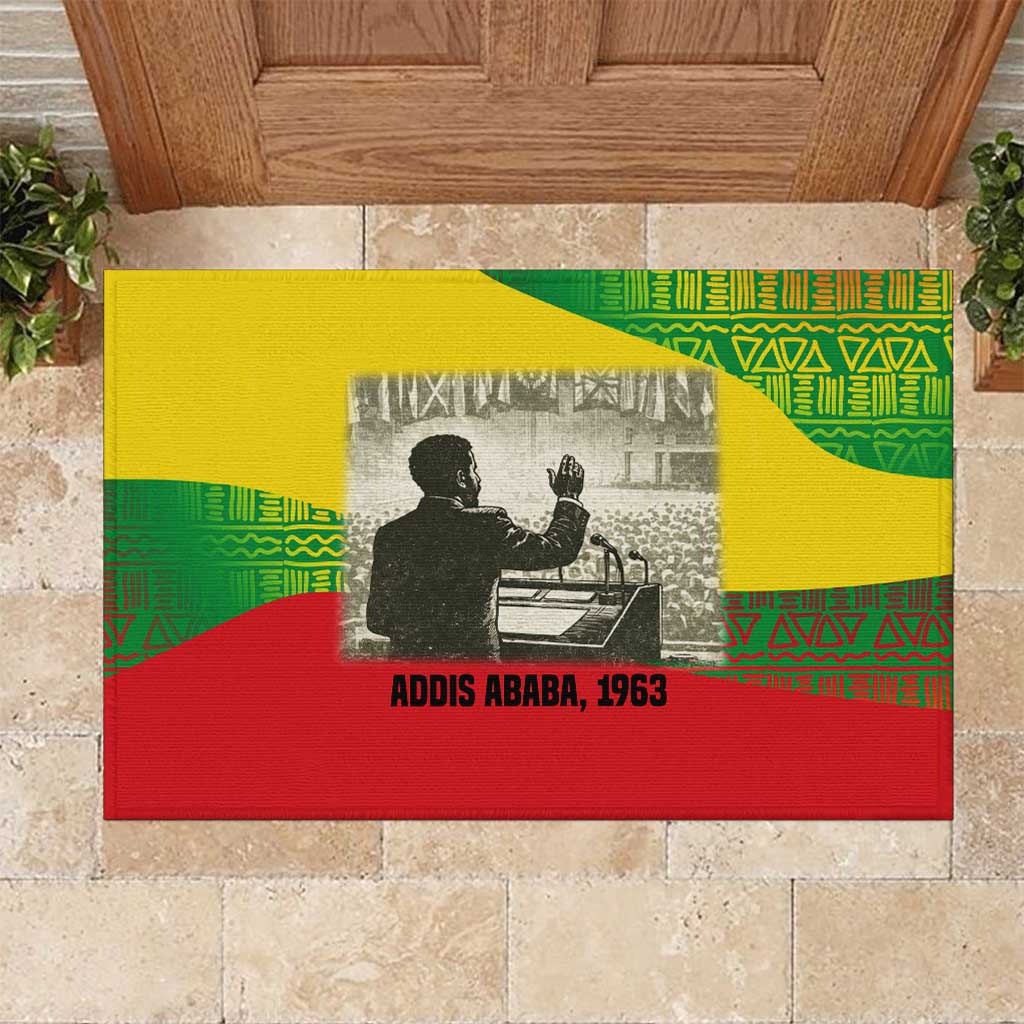 Ethiopia Haile Selassie I Rubber Doormat with Addis Ababa 1963 Speech Quote Pan-African Flag Colors and Kente Pattern - Wonder Print Shop