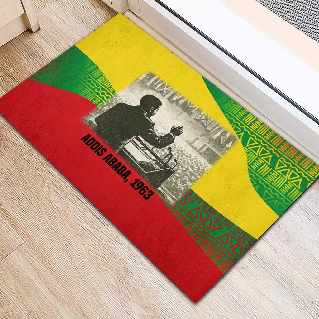 Ethiopia Haile Selassie I Rubber Doormat with Addis Ababa 1963 Speech Quote Pan-African Flag Colors and Kente Pattern - Wonder Print Shop