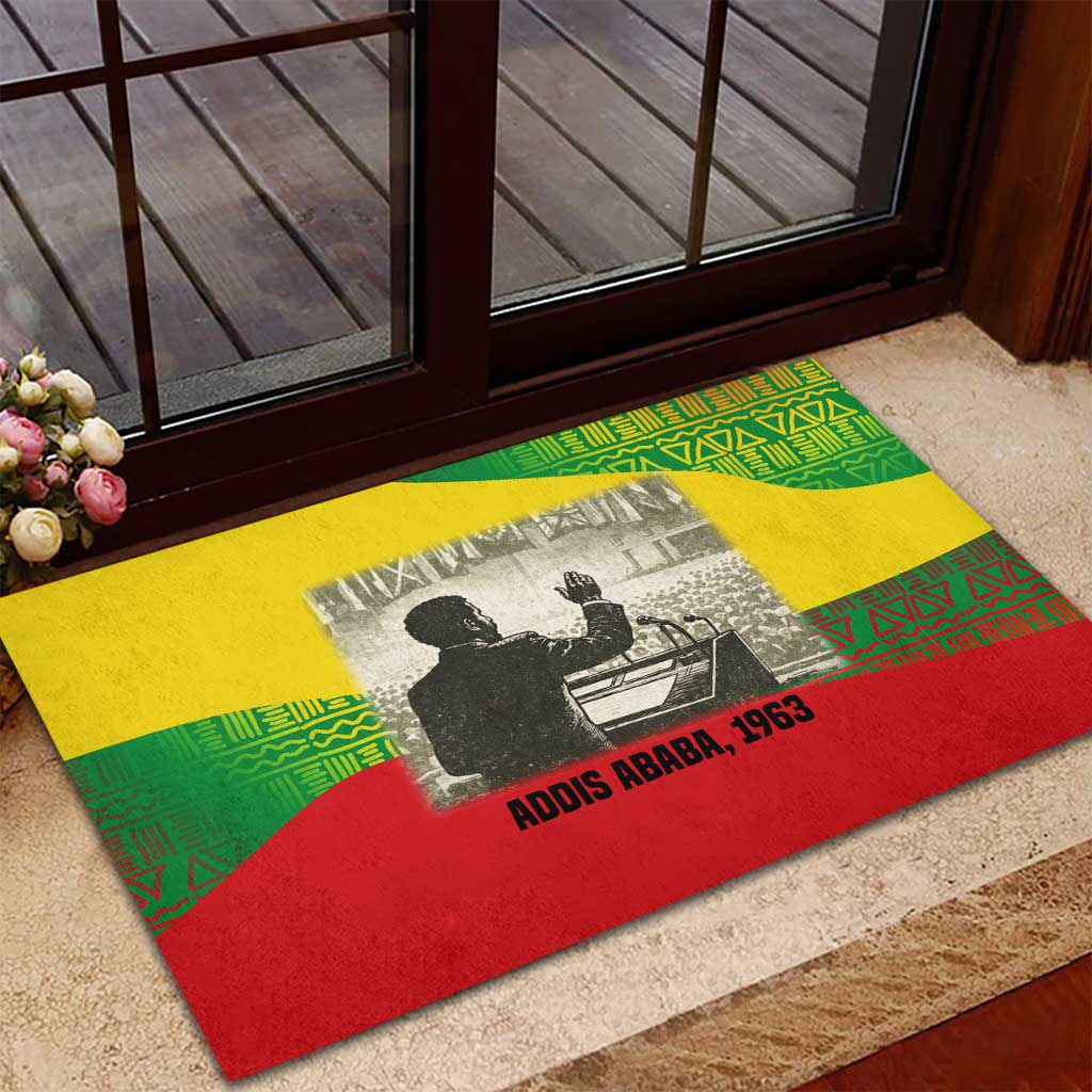 Ethiopia Haile Selassie I Rubber Doormat with Addis Ababa 1963 Speech Quote Pan-African Flag Colors and Kente Pattern - Wonder Print Shop