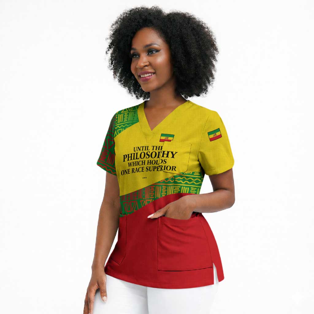 Ethiopia Haile Selassie I Scrub Top with Addis Ababa 1963 Speech Quote Pan-African Flag Colors and Kente Pattern