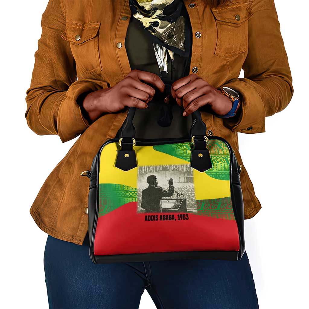 Ethiopia Haile Selassie I Shoulder Handbag with Addis Ababa 1963 Speech Quote Pan-African Flag Colors and Kente Pattern - Wonder Print Shop