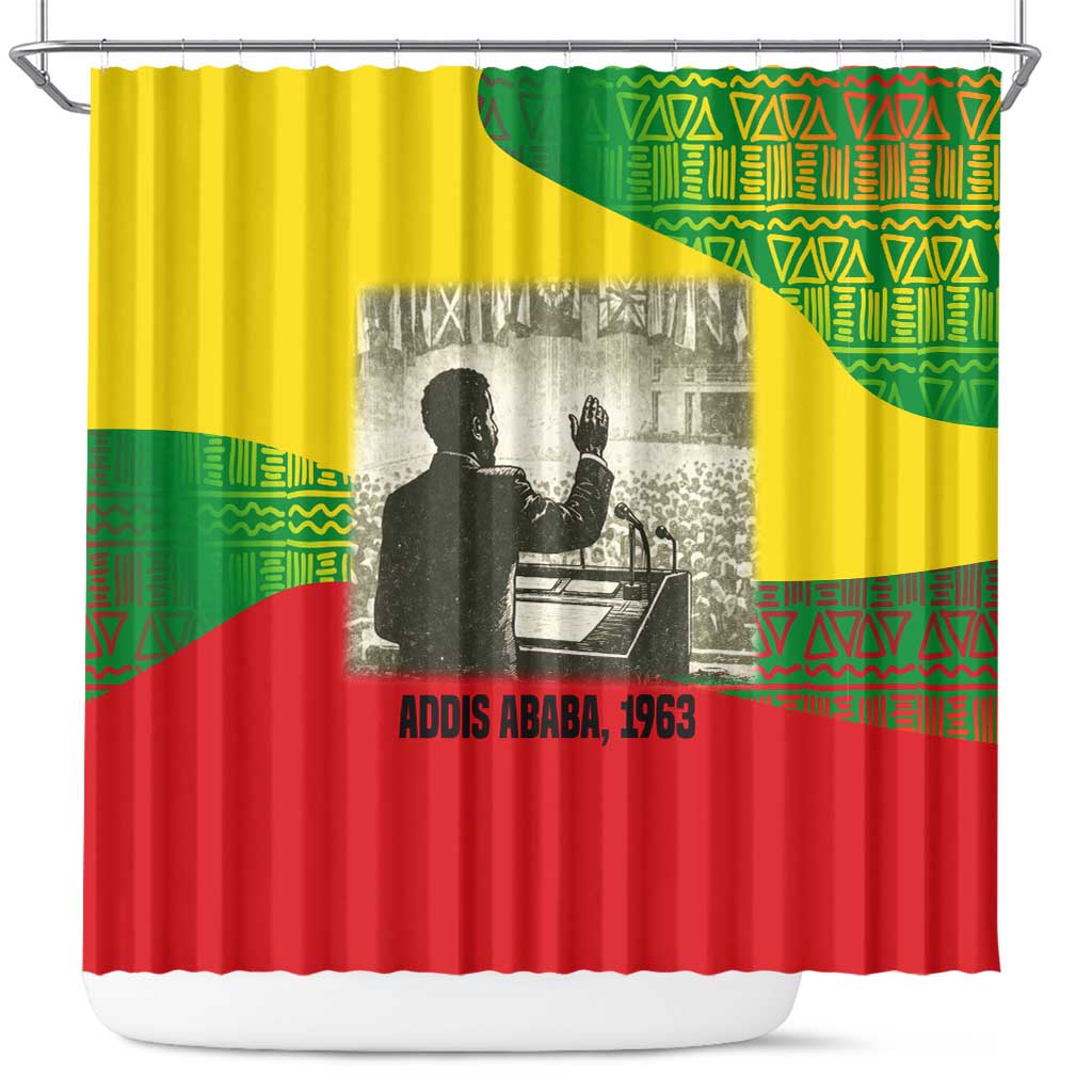 Ethiopia Haile Selassie I Shower Curtain with Addis Ababa 1963 Speech Quote Pan-African Flag Colors and Kente Pattern - Wonder Print Shop
