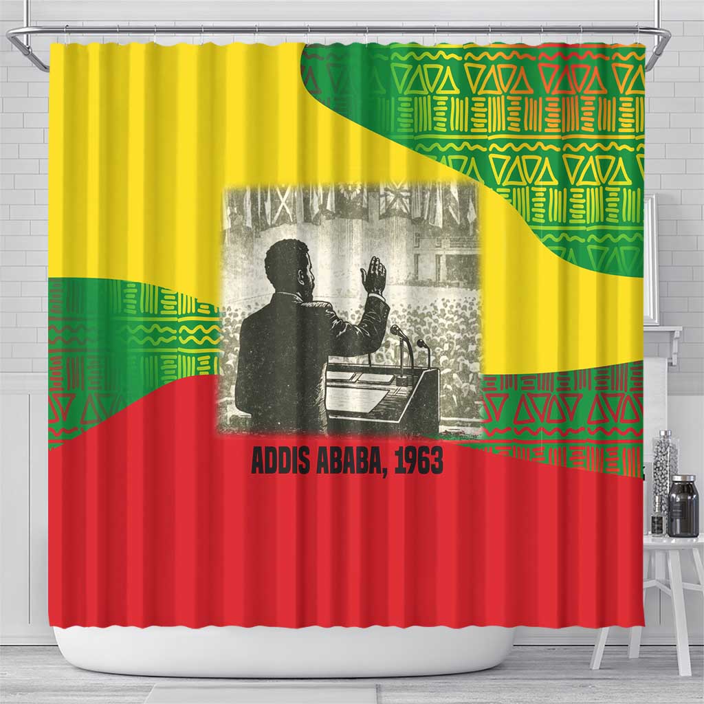 Ethiopia Haile Selassie I Shower Curtain with Addis Ababa 1963 Speech Quote Pan-African Flag Colors and Kente Pattern - Wonder Print Shop