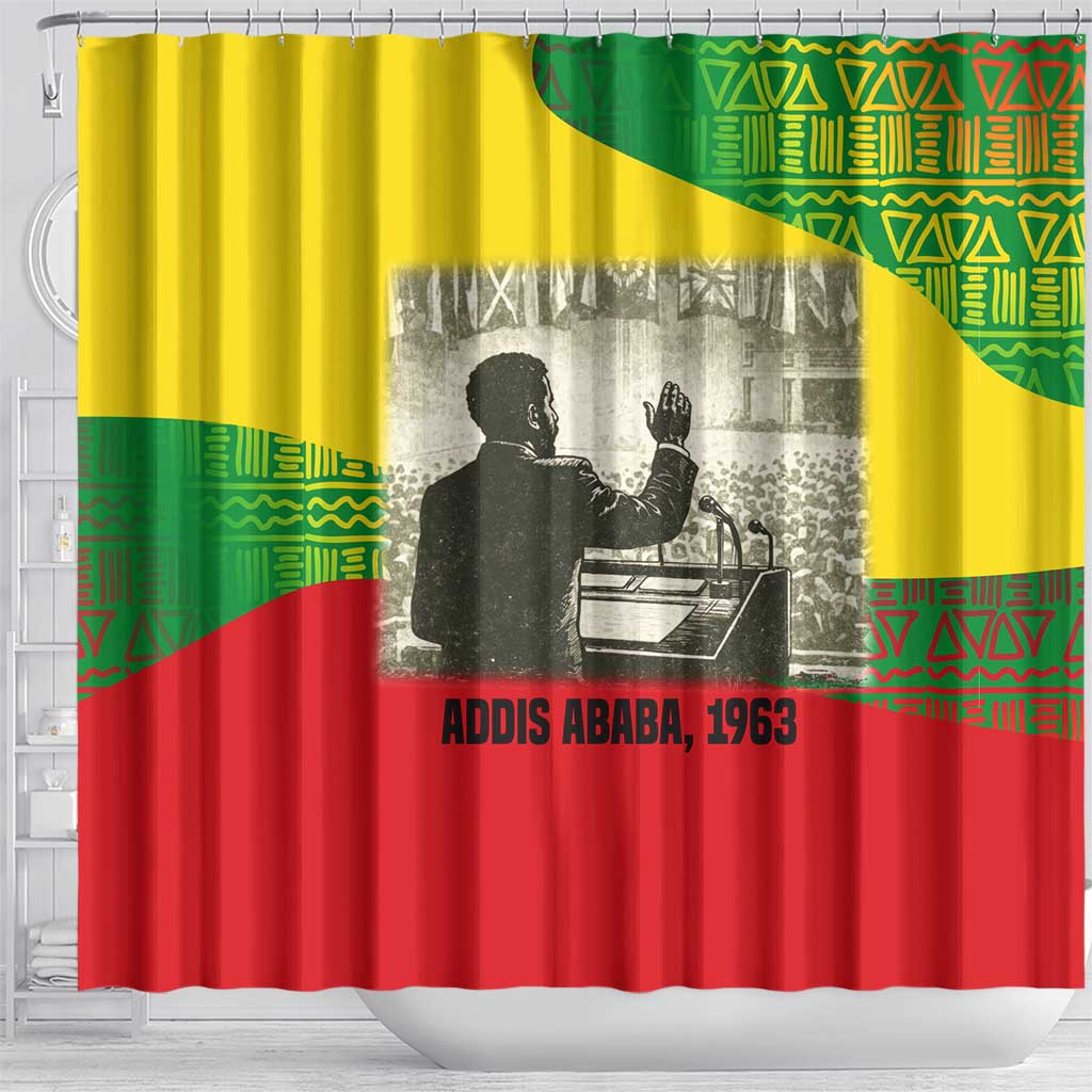Ethiopia Haile Selassie I Shower Curtain with Addis Ababa 1963 Speech Quote Pan-African Flag Colors and Kente Pattern - Wonder Print Shop