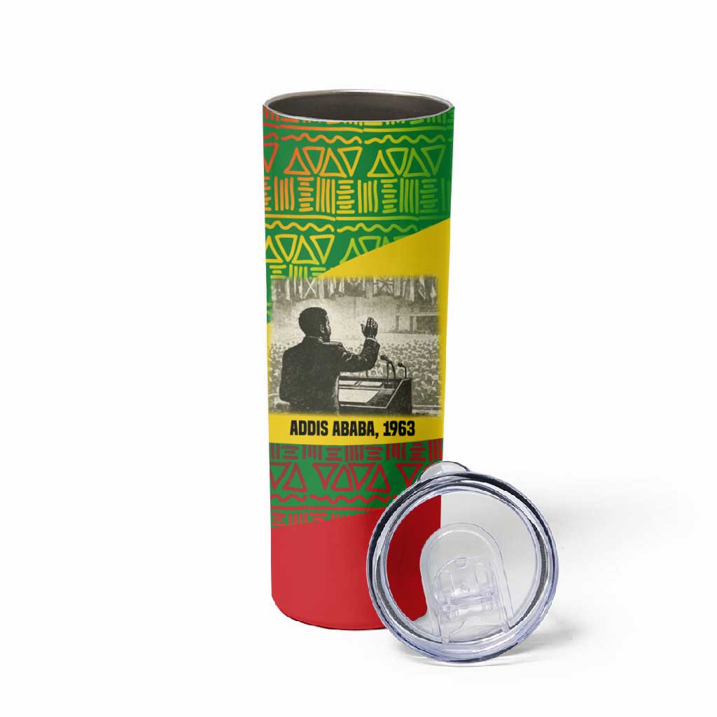 Ethiopia Haile Selassie I Skinny Tumbler with Addis Ababa 1963 Speech Quote Pan-African Flag Colors and Kente Pattern - Wonder Print Shop