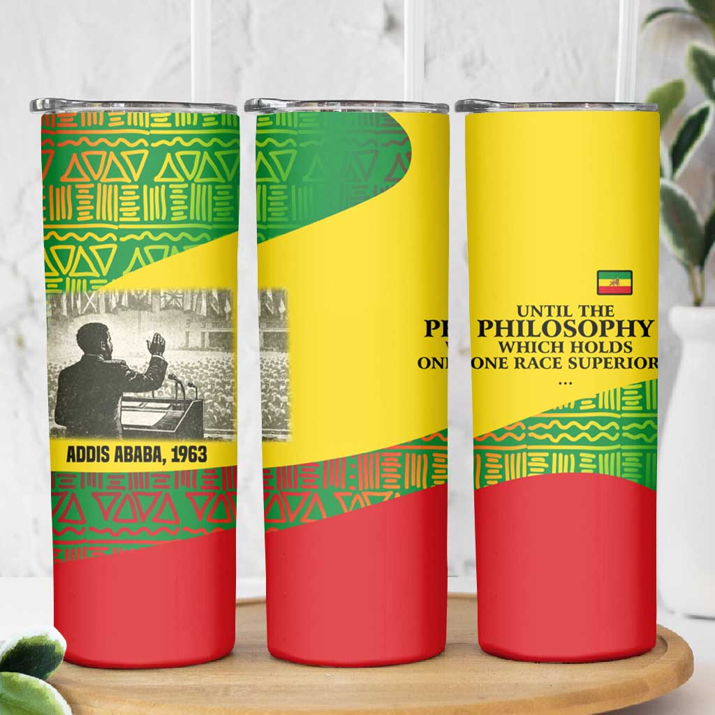 Ethiopia Haile Selassie I Skinny Tumbler with Addis Ababa 1963 Speech Quote Pan-African Flag Colors and Kente Pattern - Wonder Print Shop