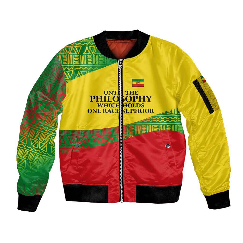 Ethiopia Haile Selassie I Sleeve Zip Bomber Jacket with Addis Ababa 1963 Speech Quote Pan-African Flag Colors and Kente Pattern - Wonder Print Shop