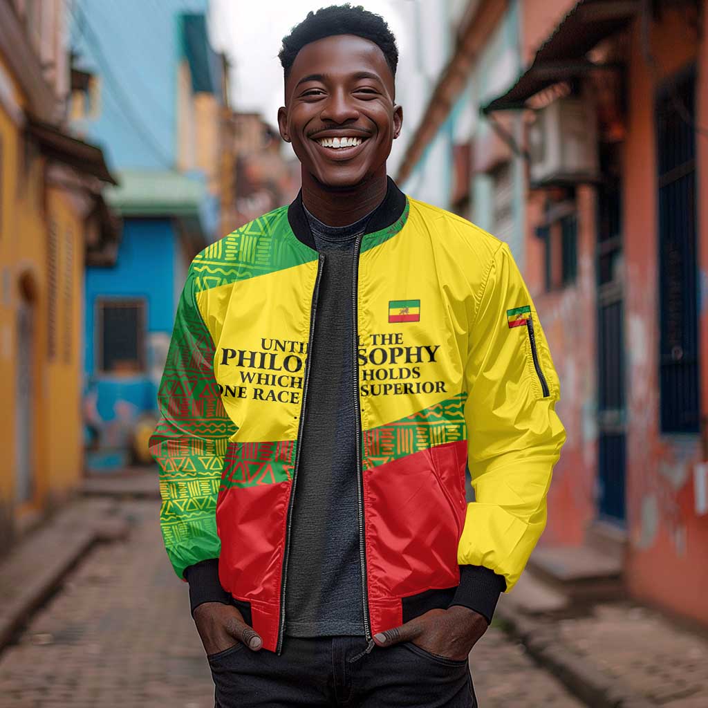 Ethiopia Haile Selassie I Sleeve Zip Bomber Jacket with Addis Ababa 1963 Speech Quote Pan-African Flag Colors and Kente Pattern