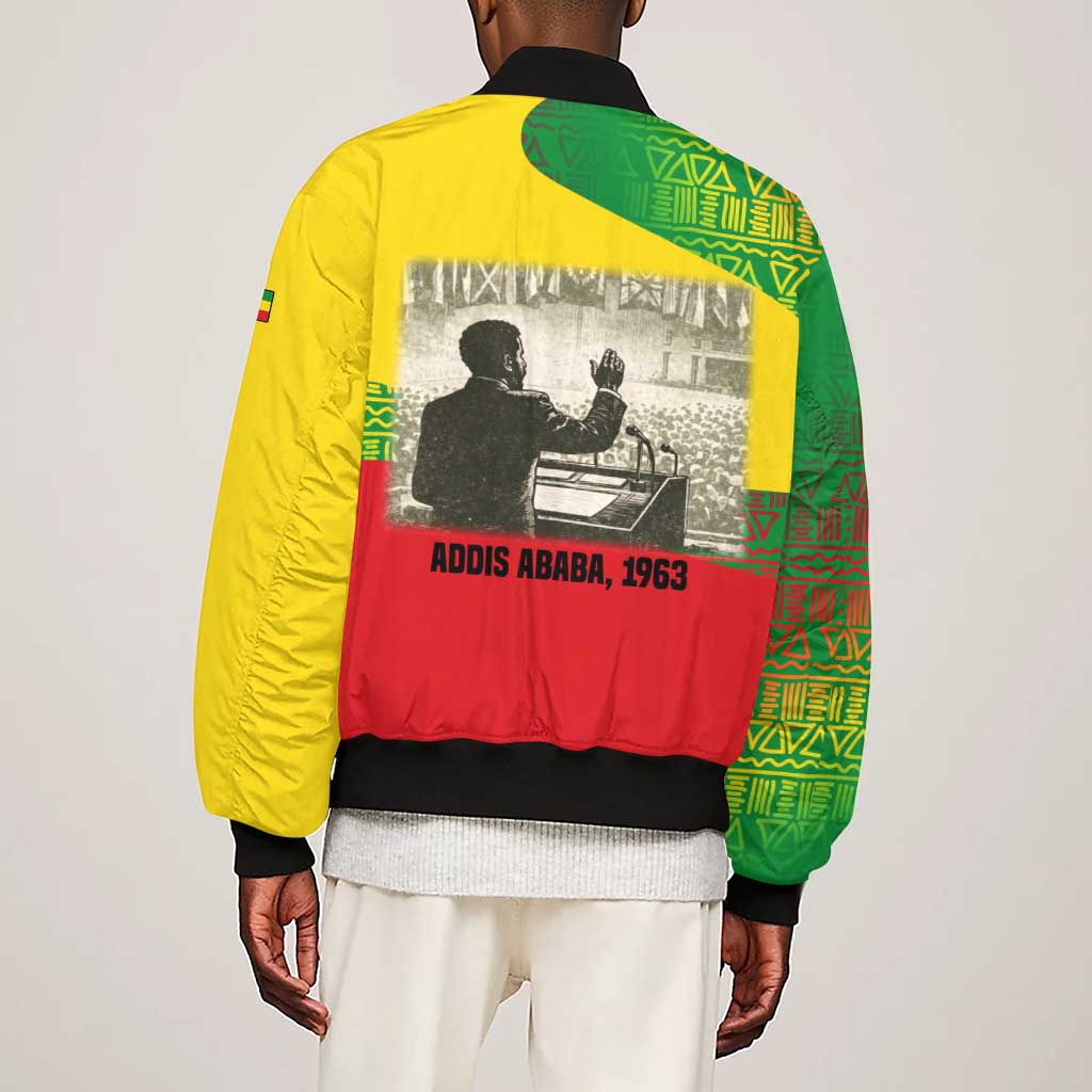 Ethiopia Haile Selassie I Sleeve Zip Bomber Jacket with Addis Ababa 1963 Speech Quote Pan-African Flag Colors and Kente Pattern