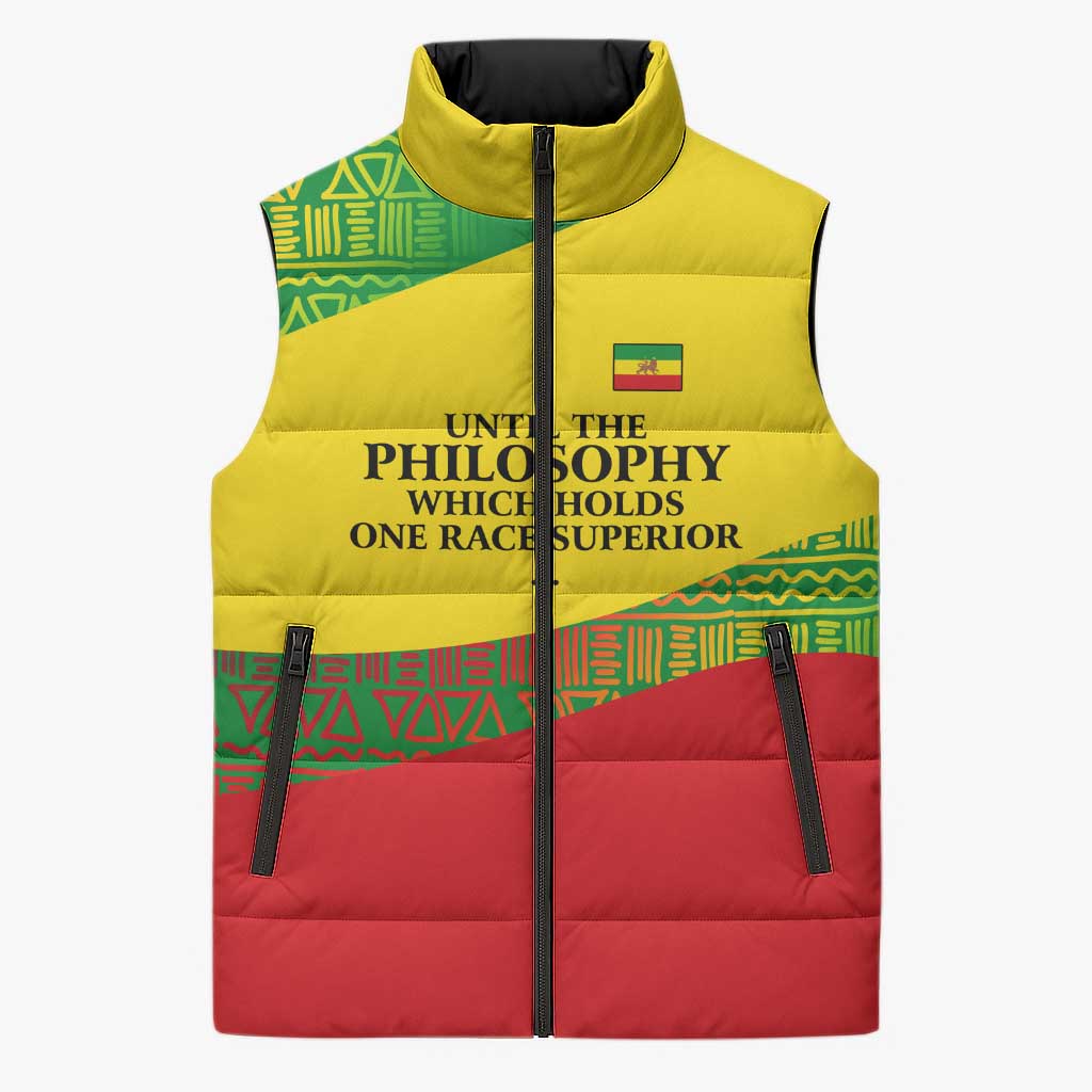Ethiopia Haile Selassie I Sleeveless Puffer Jacket with Addis Ababa 1963 Speech Quote Pan-African Flag Colors and Kente Pattern - Wonder Print Shop