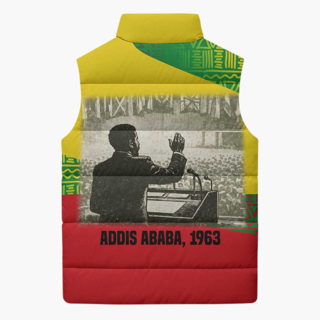 Ethiopia Haile Selassie I Sleeveless Puffer Jacket with Addis Ababa 1963 Speech Quote Pan-African Flag Colors and Kente Pattern