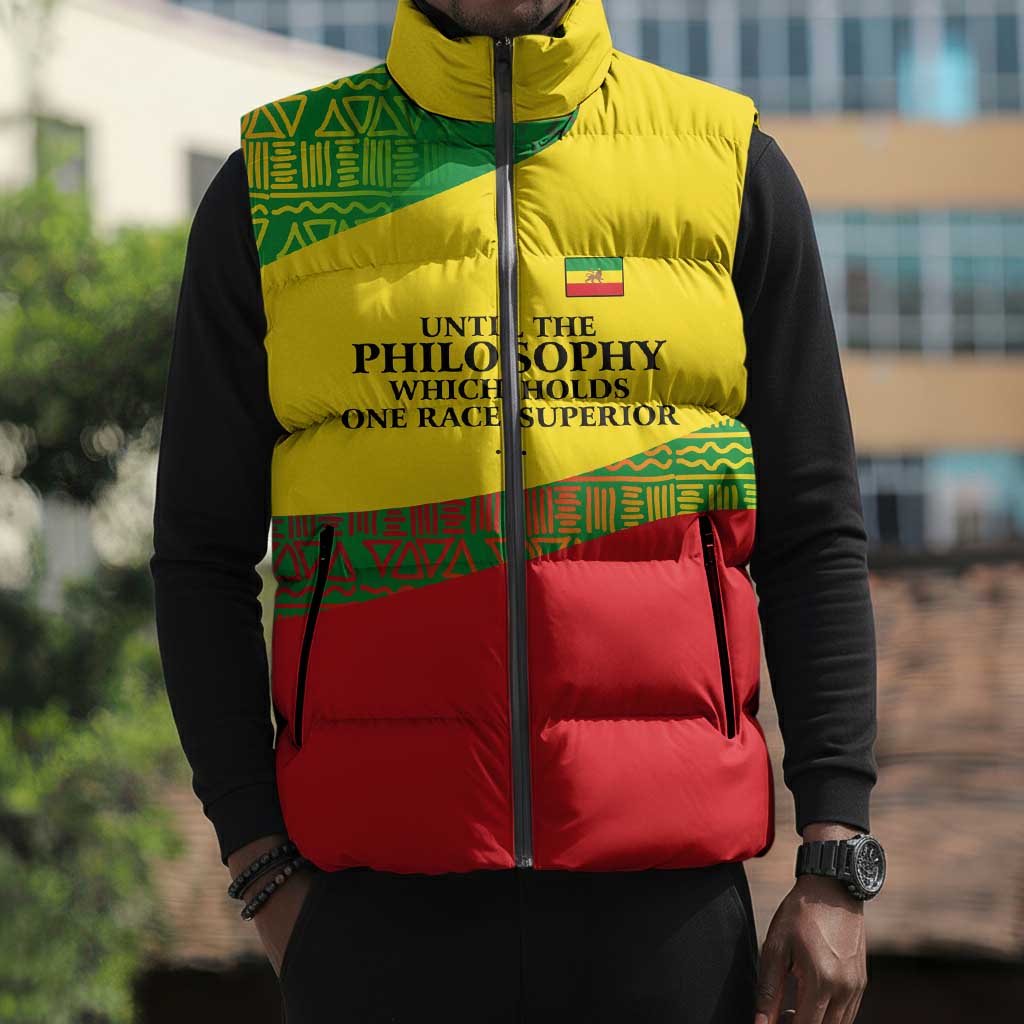 Ethiopia Haile Selassie I Sleeveless Puffer Jacket with Addis Ababa 1963 Speech Quote Pan-African Flag Colors and Kente Pattern