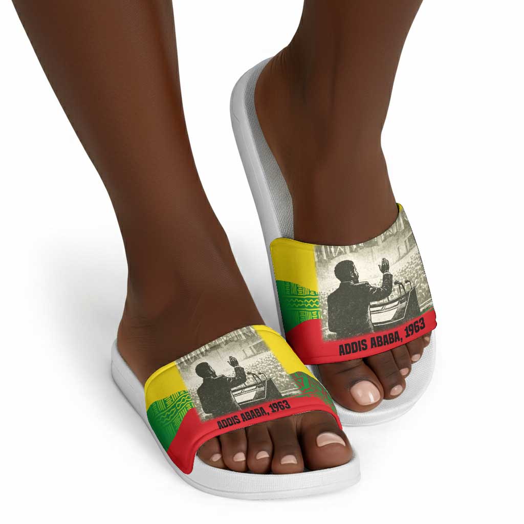 Ethiopia Haile Selassie I Slide Sandals with Addis Ababa 1963 Speech Quote Pan-African Flag Colors and Kente Pattern - Wonder Print Shop