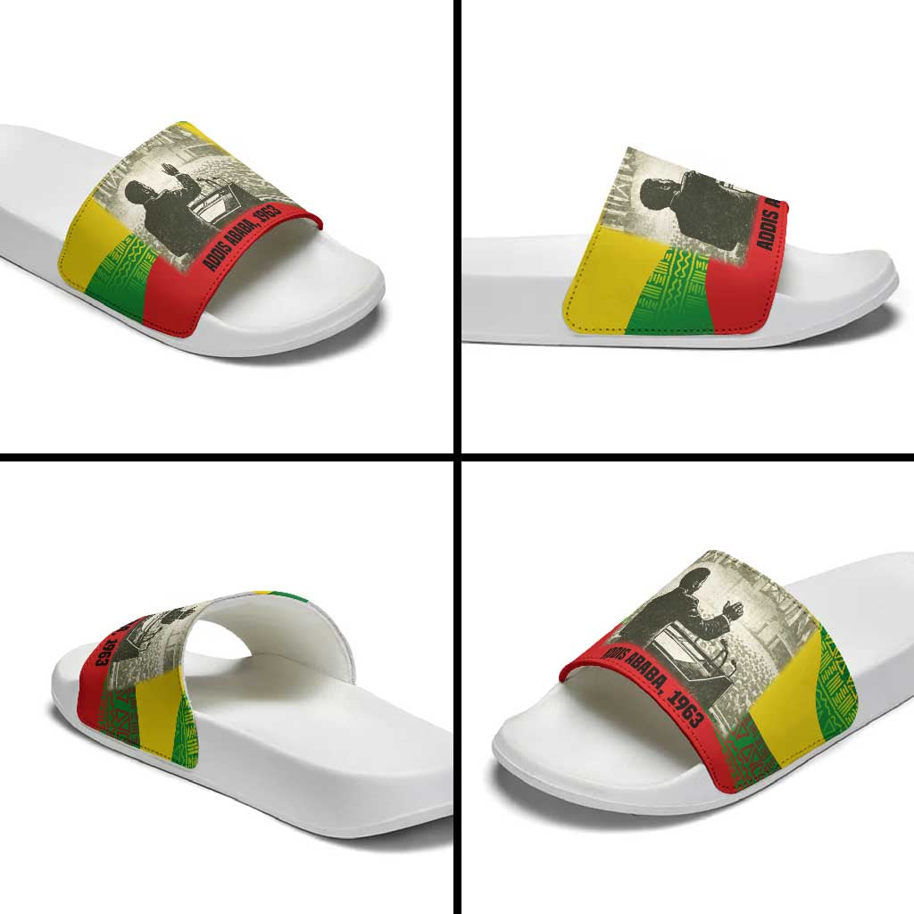 Ethiopia Haile Selassie I Slide Sandals with Addis Ababa 1963 Speech Quote Pan-African Flag Colors and Kente Pattern - Wonder Print Shop