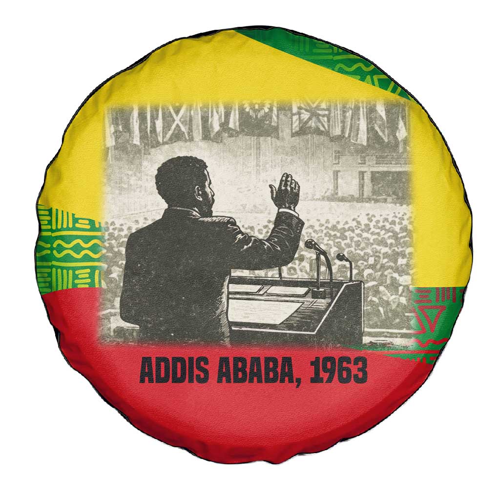 Ethiopia Haile Selassie I Spare Tire Cover with Addis Ababa 1963 Speech Quote Pan-African Flag Colors and Kente Pattern - Wonder Print Shop