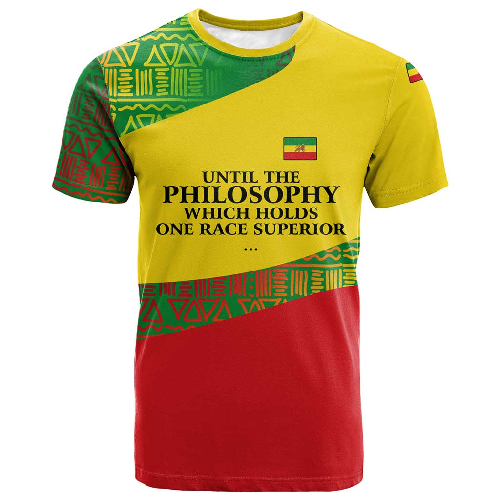 Ethiopia Haile Selassie I T shirt with Addis Ababa 1963 Speech Quote Pan-African Flag Colors and Kente Pattern - Wonder Print Shop