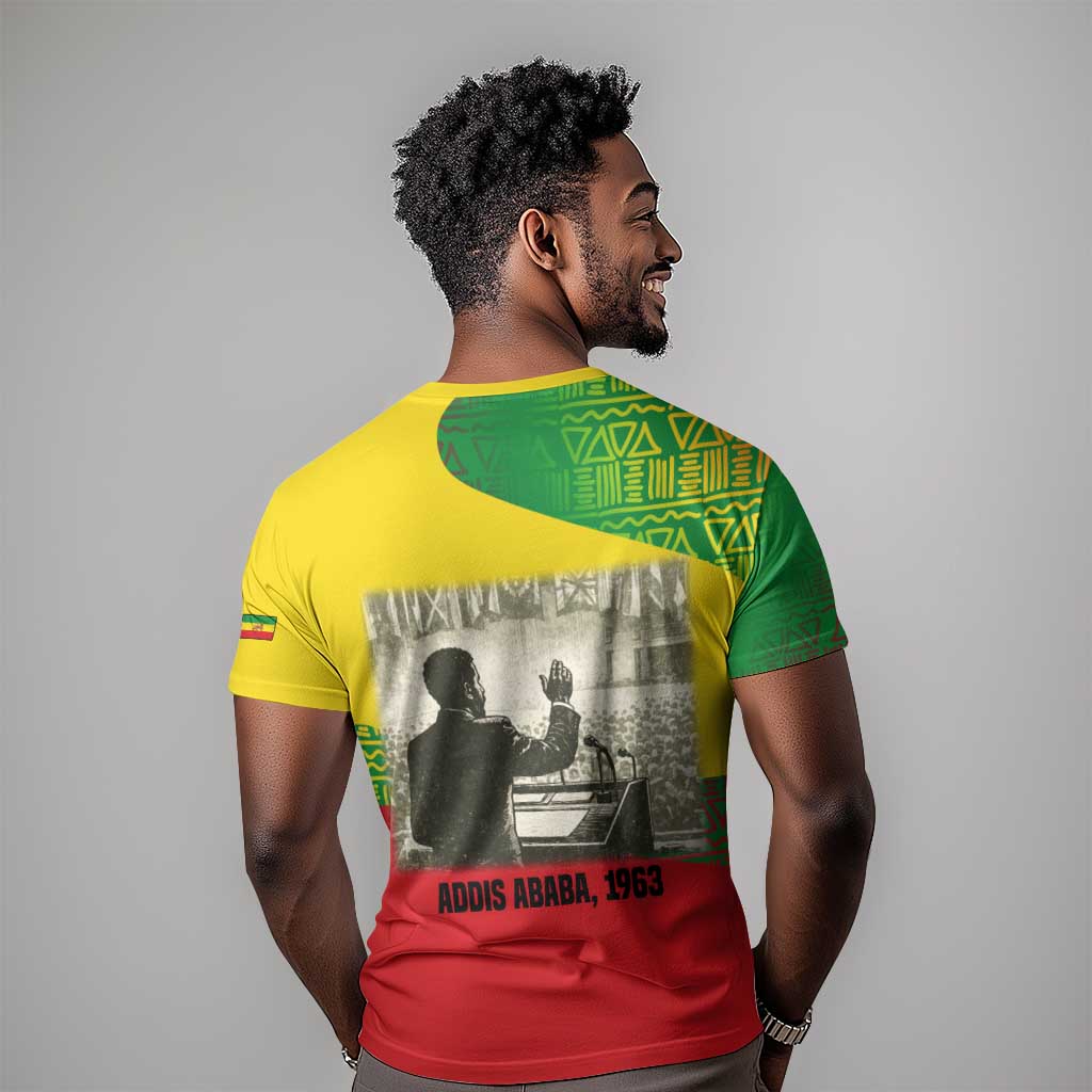 Ethiopia Haile Selassie I T shirt with Addis Ababa 1963 Speech Quote Pan-African Flag Colors and Kente Pattern TS04