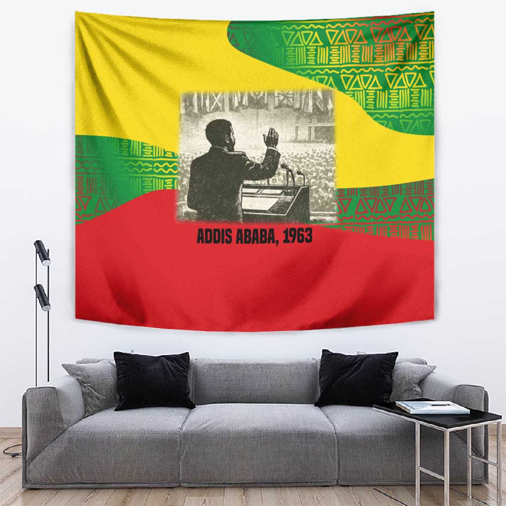 Ethiopia Haile Selassie I Tapestry with Addis Ababa 1963 Speech Quote Pan-African Flag Colors and Kente Pattern - Wonder Print Shop