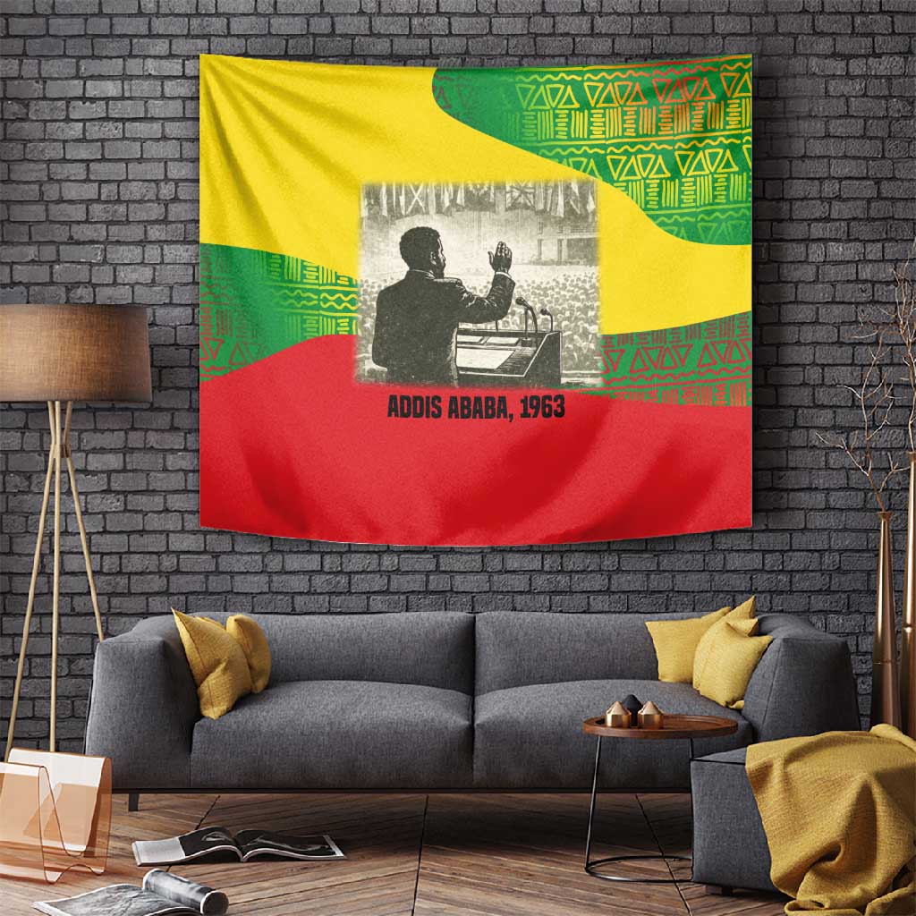 Ethiopia Haile Selassie I Tapestry with Addis Ababa 1963 Speech Quote Pan-African Flag Colors and Kente Pattern - Wonder Print Shop