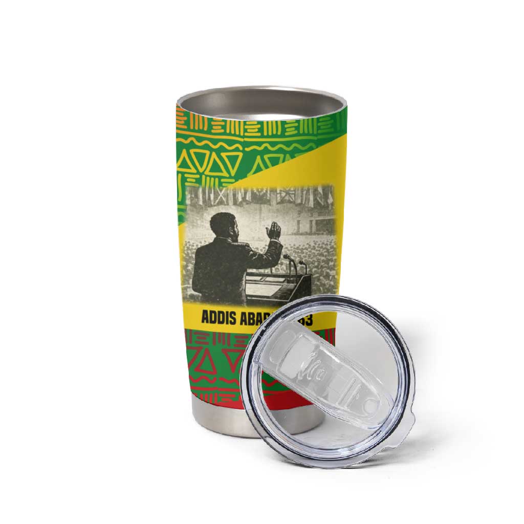 Ethiopia Haile Selassie I Tumbler Cup with Addis Ababa 1963 Speech Quote Pan-African Flag Colors and Kente Pattern - Wonder Print Shop