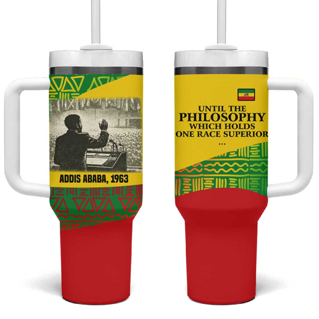 Ethiopia Haile Selassie I Tumbler With Handle with Addis Ababa 1963 Speech Quote Pan-African Flag Colors and Kente Pattern - Wonder Print Shop