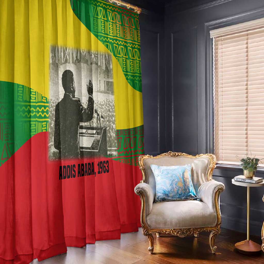 Ethiopia Haile Selassie I Window Curtain with Addis Ababa 1963 Speech Quote Pan-African Flag Colors and Kente Pattern - Wonder Print Shop