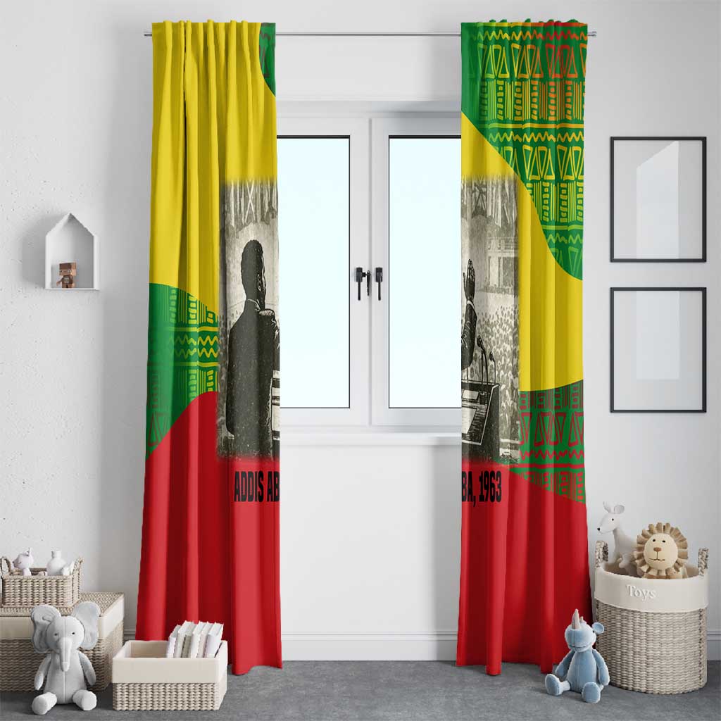 Ethiopia Haile Selassie I Window Curtain with Addis Ababa 1963 Speech Quote Pan-African Flag Colors and Kente Pattern - Wonder Print Shop