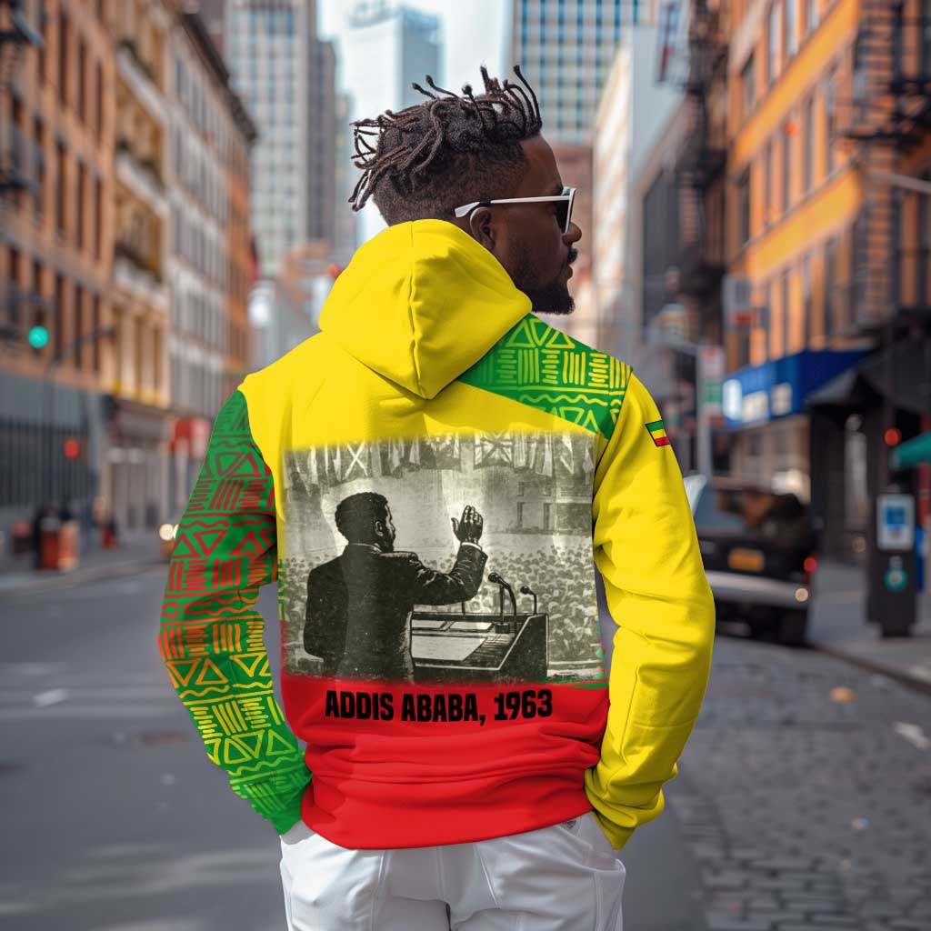 Ethiopia Haile Selassie I Zip Hoodie with Addis Ababa 1963 Speech Quote Pan-African Flag Colors and Kente Pattern