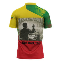 Ethiopia Haile Selassie I Zipper Polo Shirt with Addis Ababa 1963 Speech Quote Pan-African Flag Colors and Kente Pattern