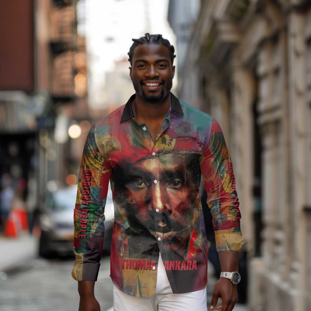 Thomas Sankara Burkina Faso Long Sleeve Button Shirt with Bold Portrait and The Upright Man Tribute Design - Wonder Print Shop