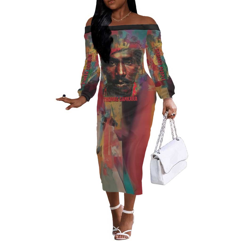 Thomas Sankara Burkina Faso Off The Shoulder Long Sleeve Dress with Bold Portrait and The Upright Man Tribute Design - Wonder Print Shop