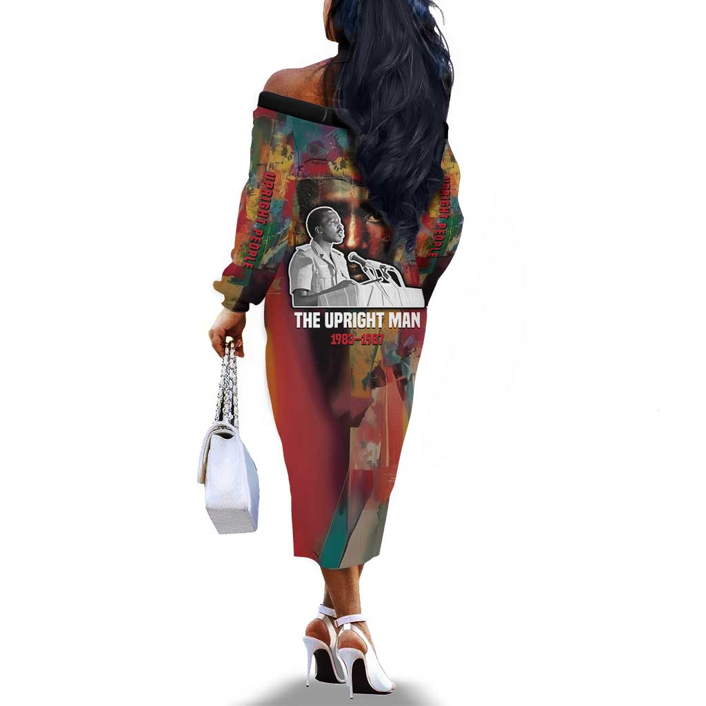 Thomas Sankara Burkina Faso Off The Shoulder Long Sleeve Dress with Bold Portrait and The Upright Man Tribute Design - Wonder Print Shop