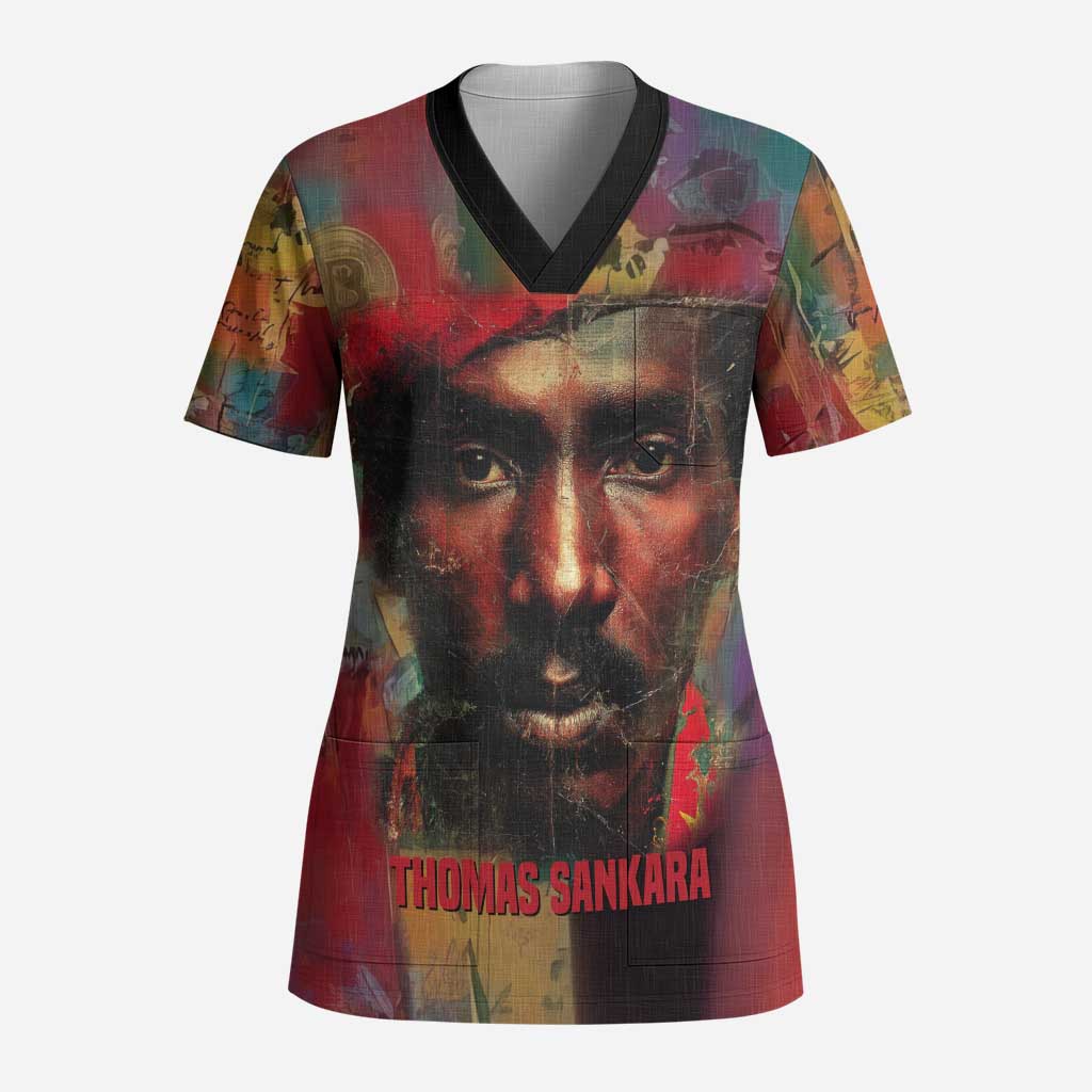 Thomas Sankara Burkina Faso Scrub Top with Bold Portrait and The Upright Man Tribute Design - Wonder Print Shop