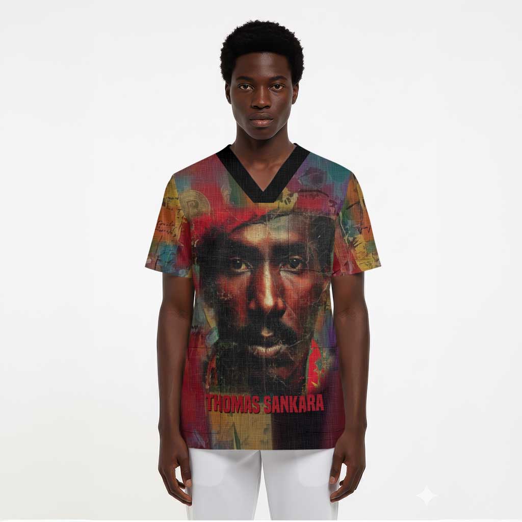 Thomas Sankara Burkina Faso Scrub Top with Bold Portrait and The Upright Man Tribute Design - Wonder Print Shop