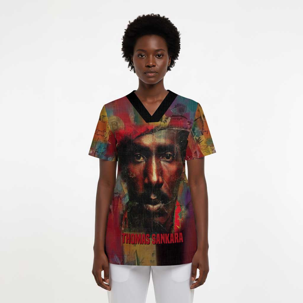 Thomas Sankara Burkina Faso Scrub Top with Bold Portrait and The Upright Man Tribute Design - Wonder Print Shop