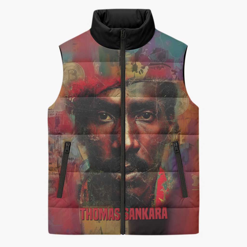 Thomas Sankara Burkina Faso Sleeveless Puffer Jacket with Bold Portrait and The Upright Man Tribute Design - Wonder Print Shop