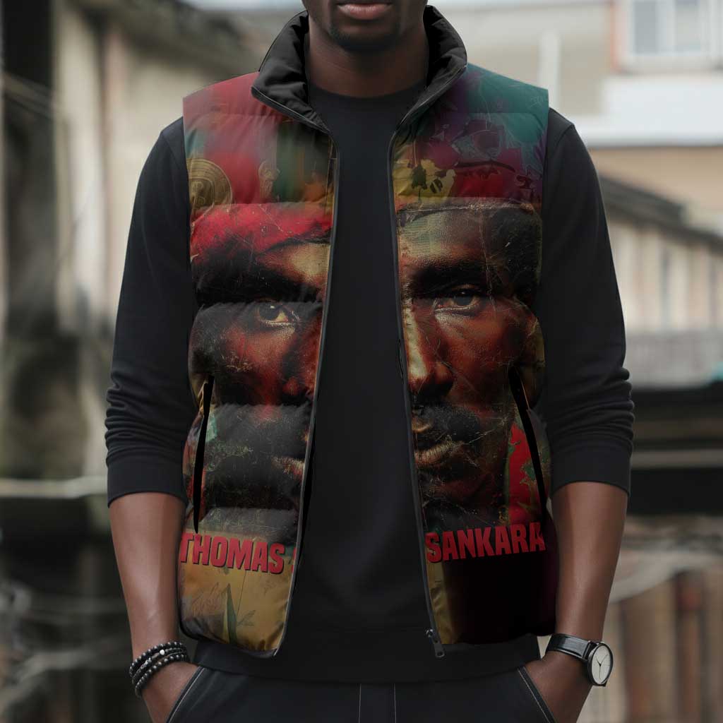 Thomas Sankara Burkina Faso Sleeveless Puffer Jacket with Bold Portrait and The Upright Man Tribute Design - Wonder Print Shop
