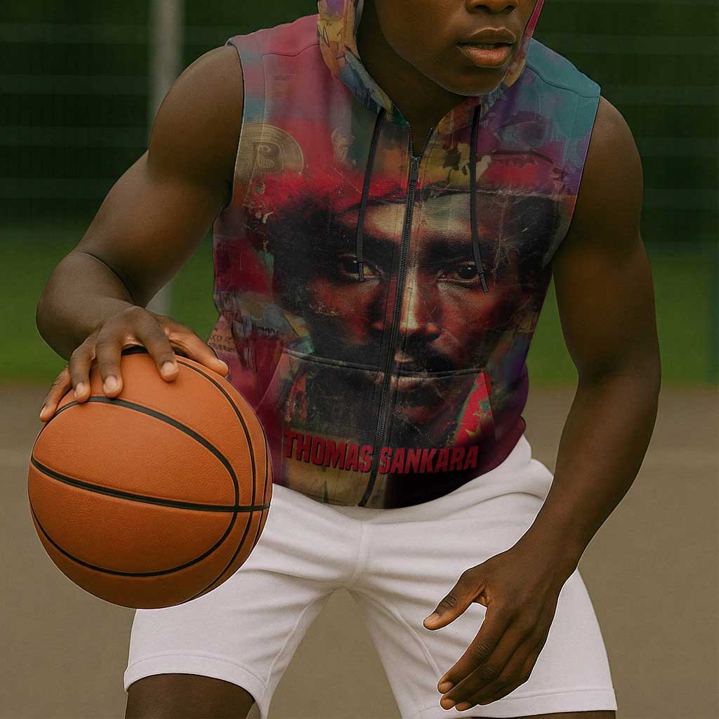 Thomas Sankara Burkina Faso Sleeveless Zip Hoodie with Bold Portrait and The Upright Man Tribute Design - Wonder Print Shop