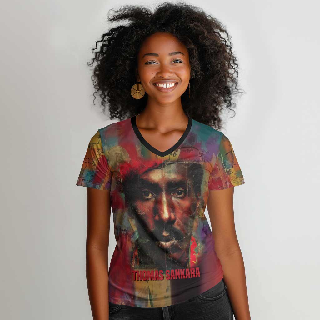 Thomas Sankara Burkina Faso Women V-Neck T-Shirt with Bold Portrait and The Upright Man Tribute Design - Wonder Print Shop
