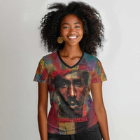 Thomas Sankara Burkina Faso Women V-Neck T-Shirt with Bold Portrait and The Upright Man Tribute Design - Wonder Print Shop